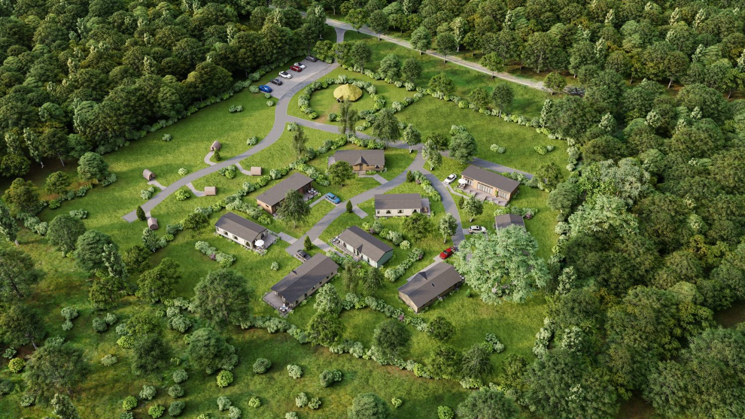 Aerial View of lodges development at Bowland Escapes